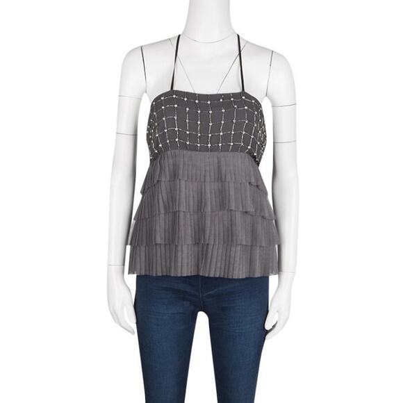 NWT Alice + Olivia Grey Embellished Tiered Tutu Silk Halter Top - Size Medium - Picture 1 of 16